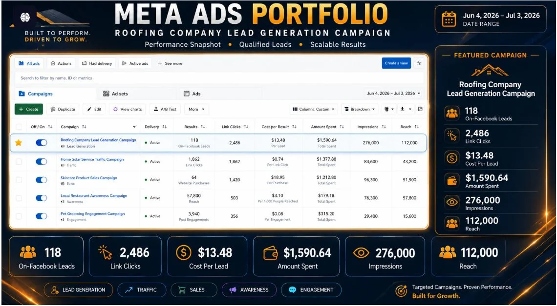 Meta Ads result: 118 leads for Roofing lead generation